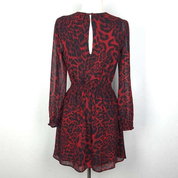 Michael Kors Red & Black Leopard Chiffon Long Sleeve Mini A-Line Dress - Picture 3 of 8